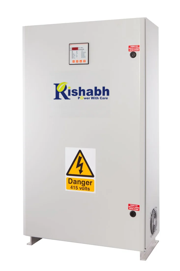 Rishabh APFC panel front view with power factor controller and isolation warning labels