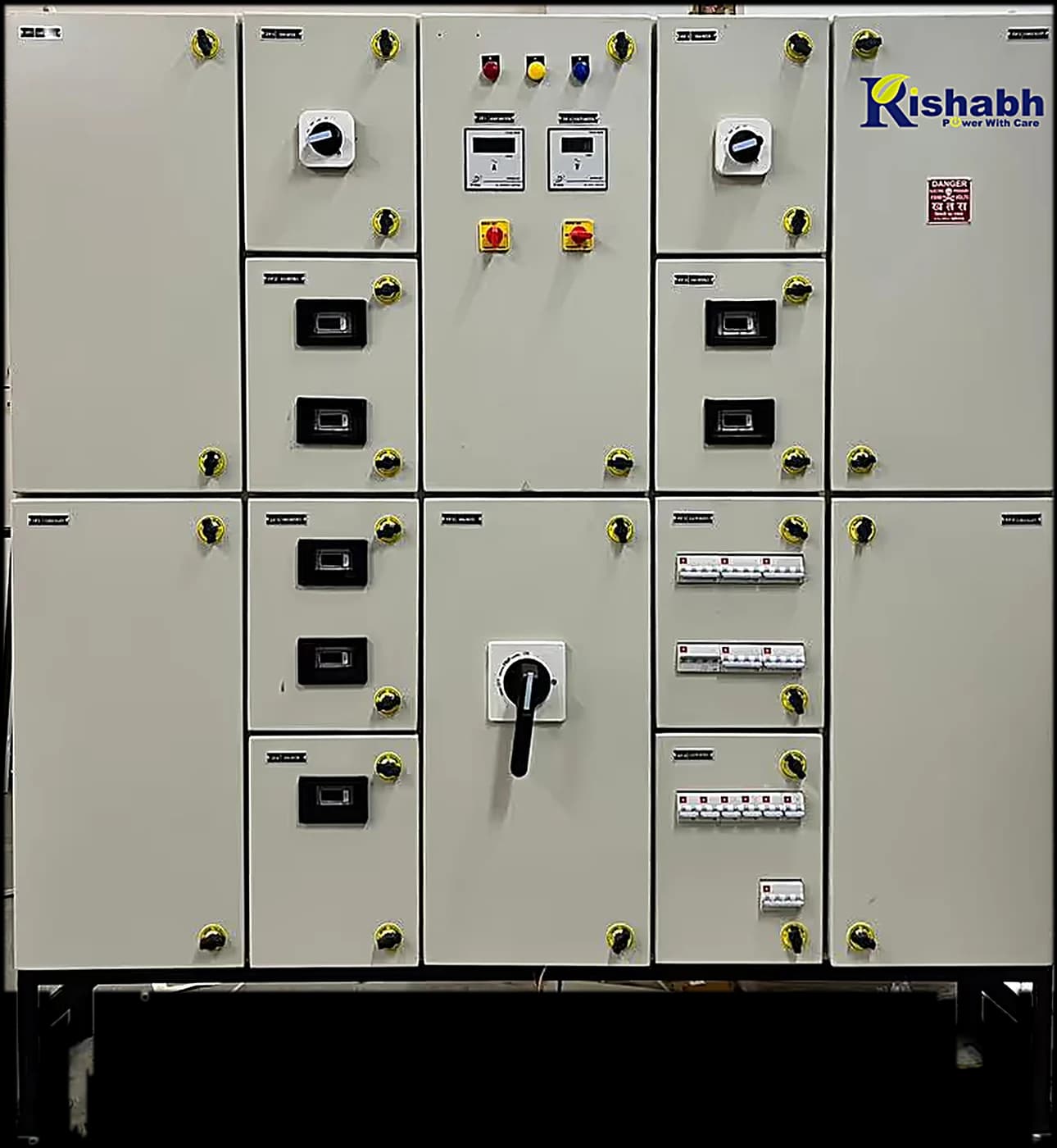 Floor-mounted Rishabh distribution panel on a fabricated stand, with MCB feeder ways