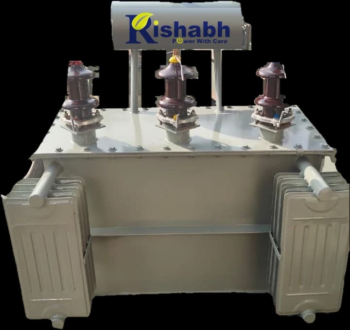 Rishabh oil-immersed distribution transformer with HV bushings and side-mounted cooling radiators