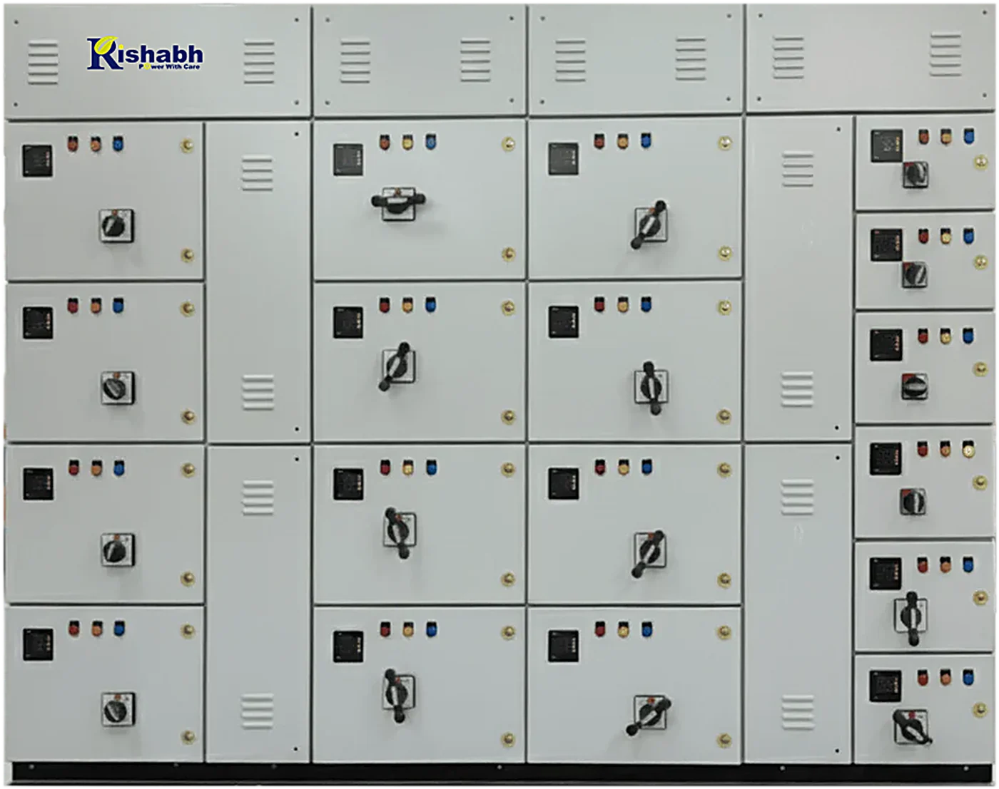 Rishabh LT distribution panel, multi-cubicle front with feeder metering and rotary isolators