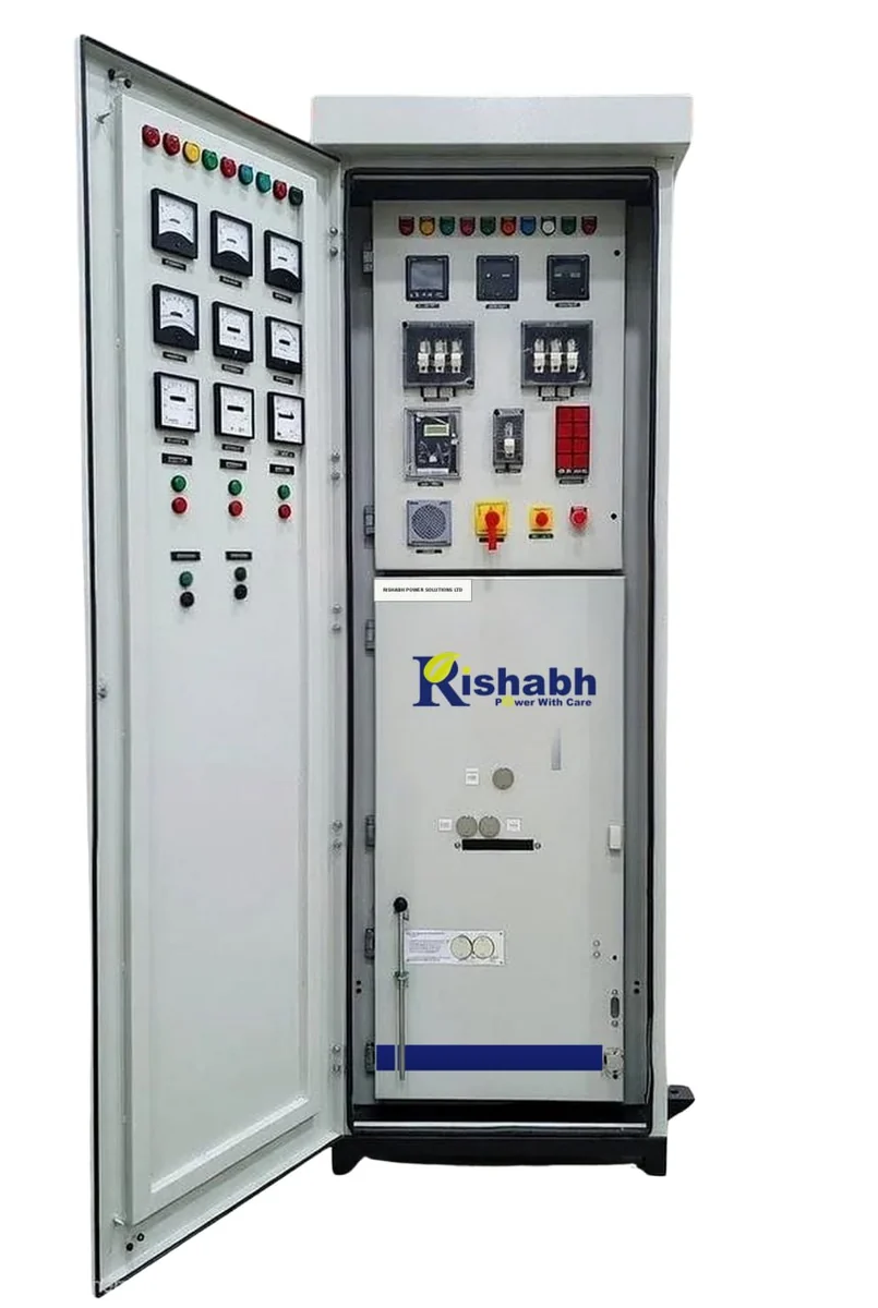 Rishabh HT VCB panel with the door open, analog metering on the door, relays and controls inside