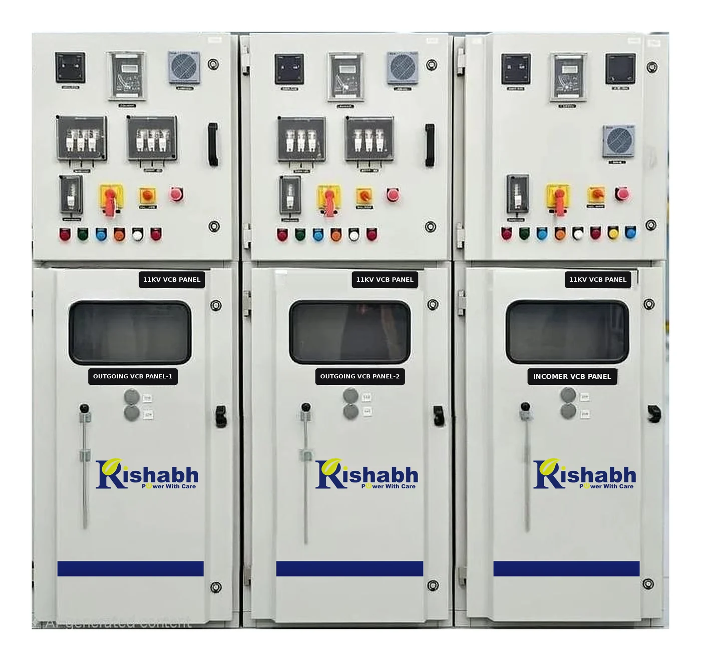 Rishabh VCB panel lineup, three medium-voltage cubicles with breaker operation and metering fascias